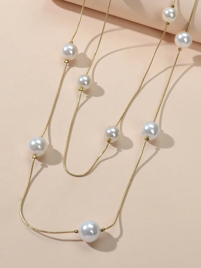 Double Layer Pearl Decor Gold Silver Chain Long Necklace Fashion Accessories-3
