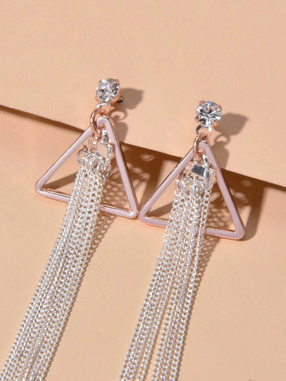 Rhinestone Triangle Silver Tassel Long Chain Drop Dangle Party Stud Earrings-3