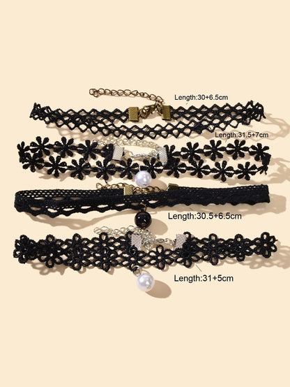Black Elastic 4pcs Lace Flower Boho Gothic 90s Tattoo Choker Triangle Collar-3