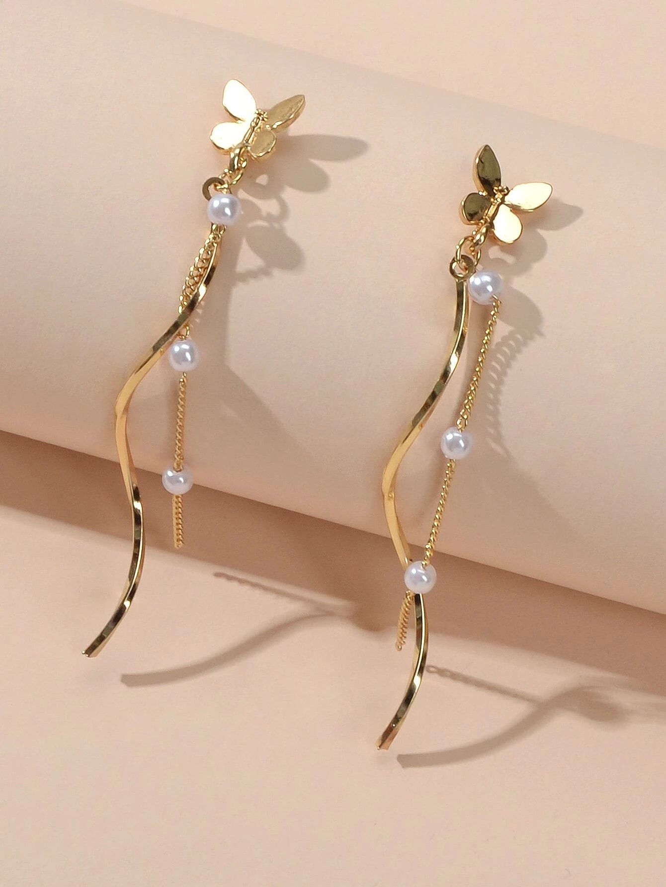 Fashion Pearl Decor Long Gold Chain Butterfly Geometric Dangle Women Earrings-3