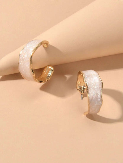 Pink Enamel Circle Shining Hoop Earrings C Shape Stud Teens Textured Jewellery-3
