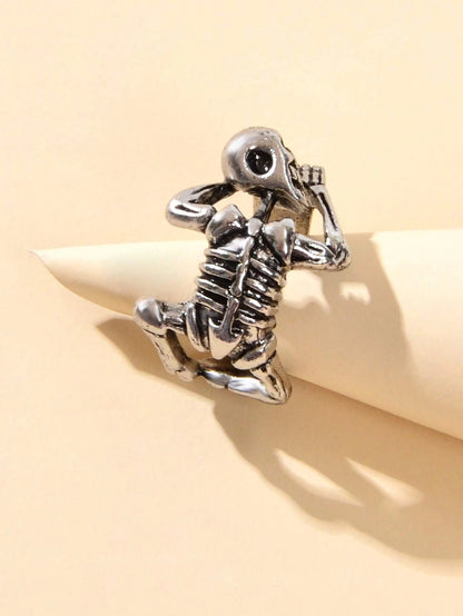 Punk Goth Hip Hop Antique Silver Skull Oxidized Vintage Statement Open Cuff Ring-3