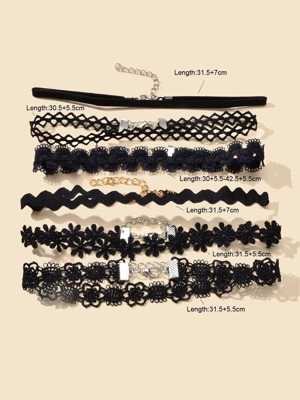 6 pcs Black Lace Hollow out Flower Geometric Gothic 90s Tattoo Choker Necklace-3