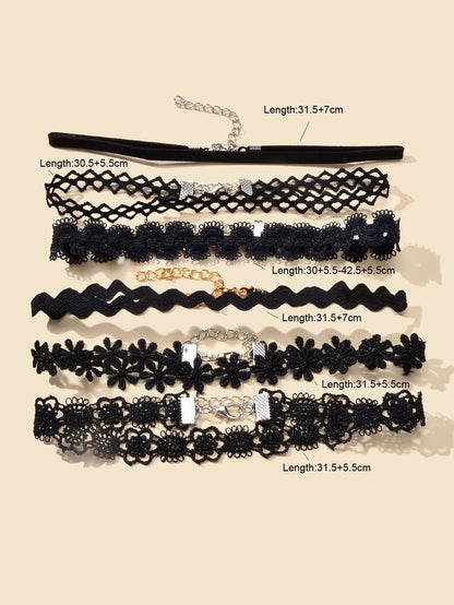 6 pcs Black Lace Hollow out Flower Geometric Gothic 90s Tattoo Choker Necklace-3
