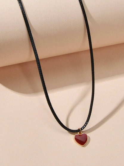 Fashion Jewellery Black Pu Leather Chain Red Heart Charm Women Choker Necklace-3