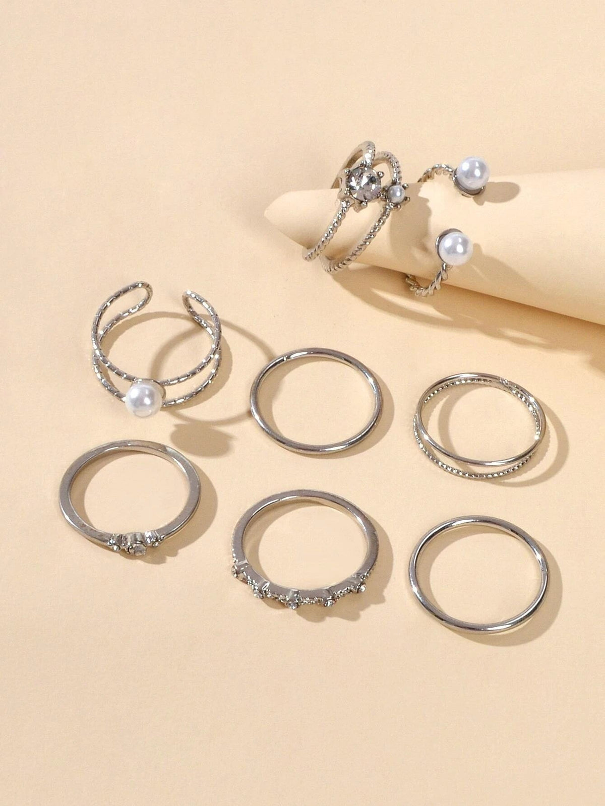 AU Stock 8pcs Pearl Rhinestone Geometric Cuff Knuckle Rings set Girls Teens Gift-3