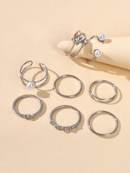 AU Stock 8pcs Pearl Rhinestone Geometric Cuff Knuckle Rings set Girls Teens Gift-3