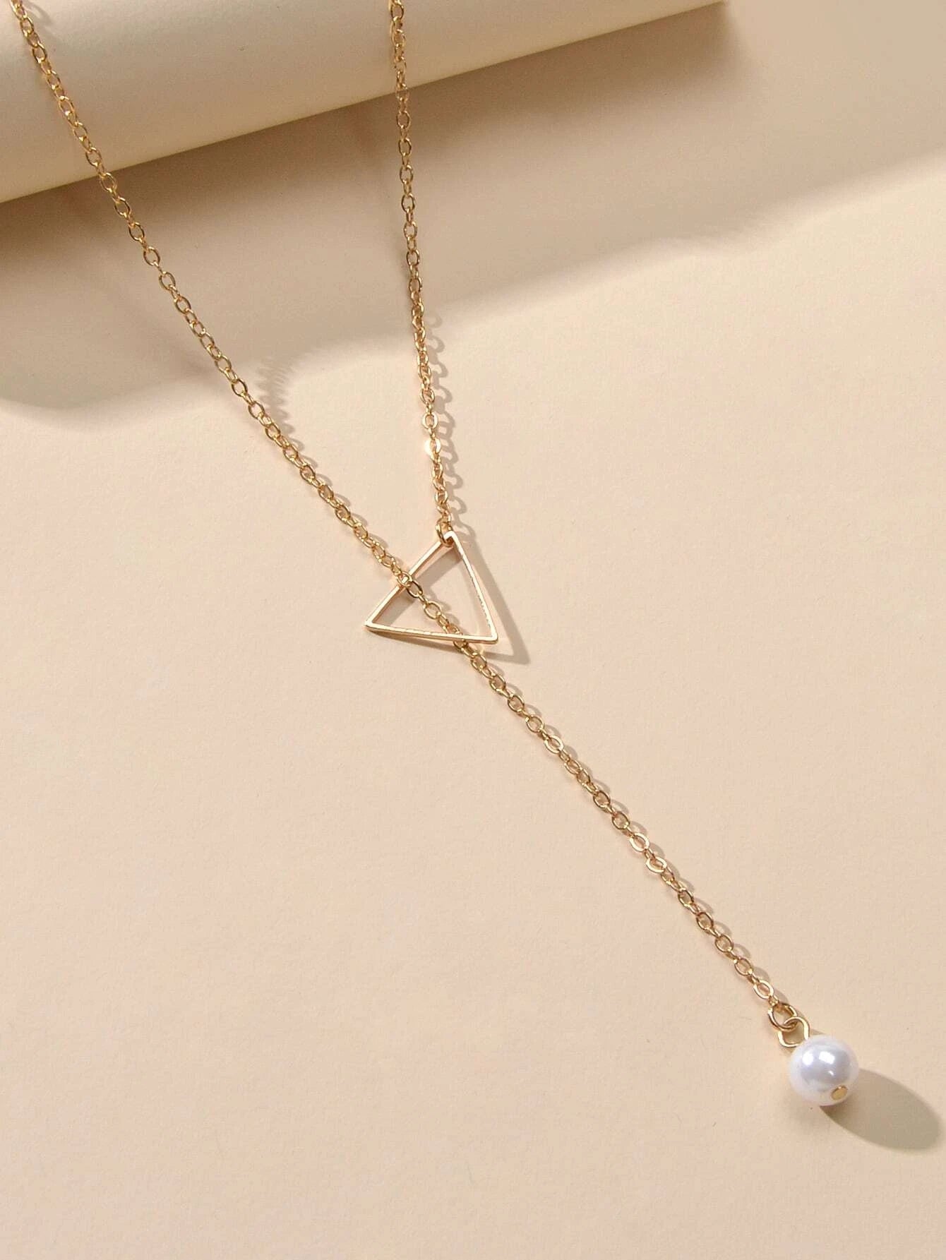 Minimalist Jewellery Pearl Long Gold Chain Triangle Y Lariat Pendant Necklace-3