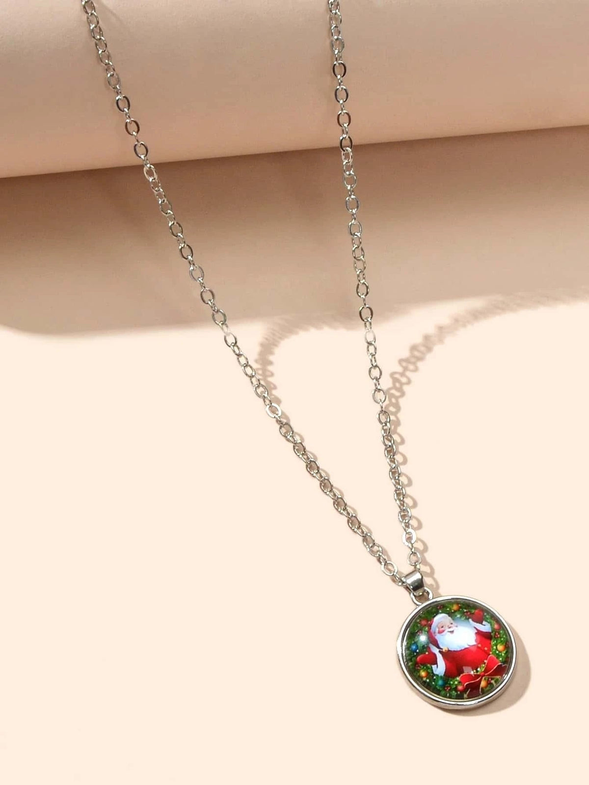 Silver Chain Santa Claus Pattern Round Pendant Necklace Women Girls Party Gift-3