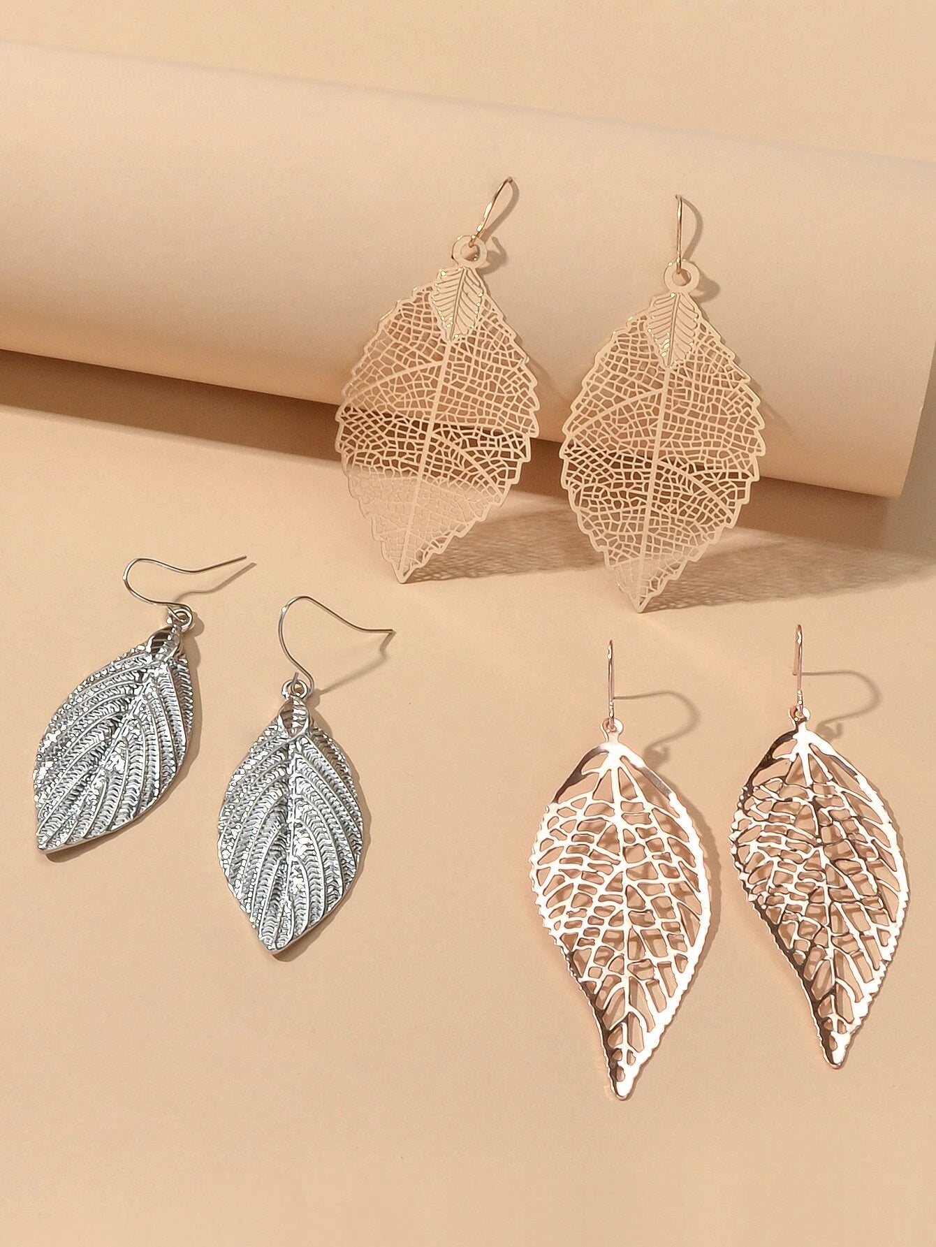 3 pairs AU Local Gold Silver Rosegold Hollow Mesh Leaf Dangle Drop Earrings set-3