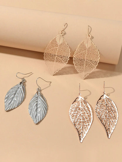 3 pairs AU Local Gold Silver Rosegold Hollow Mesh Leaf Dangle Drop Earrings set-3