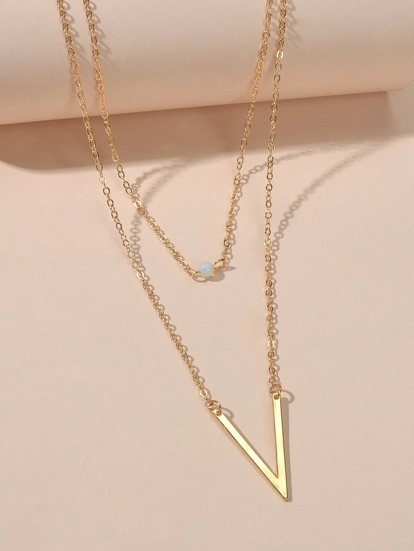 Double layer Gold Chain Letter V Shape Geometric Pendant Necklace Jewellery Gift-3