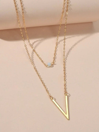 Double layer Gold Chain Letter V Shape Geometric Pendant Necklace Jewellery Gift-3