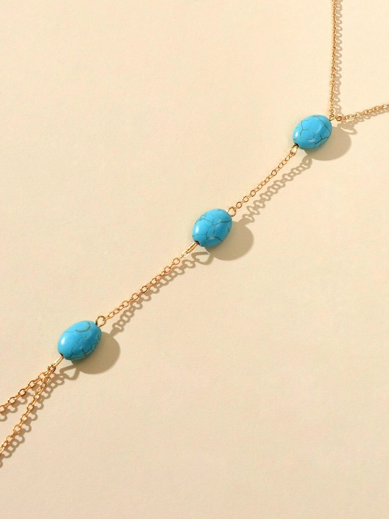 1 pc Bohemian Foot Beach Jewelry Gold Chain Turquoise Beads Anklet with Toe Ring-3