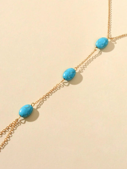 1 pc Bohemian Foot Beach Jewelry Gold Chain Turquoise Beads Anklet with Toe Ring-3