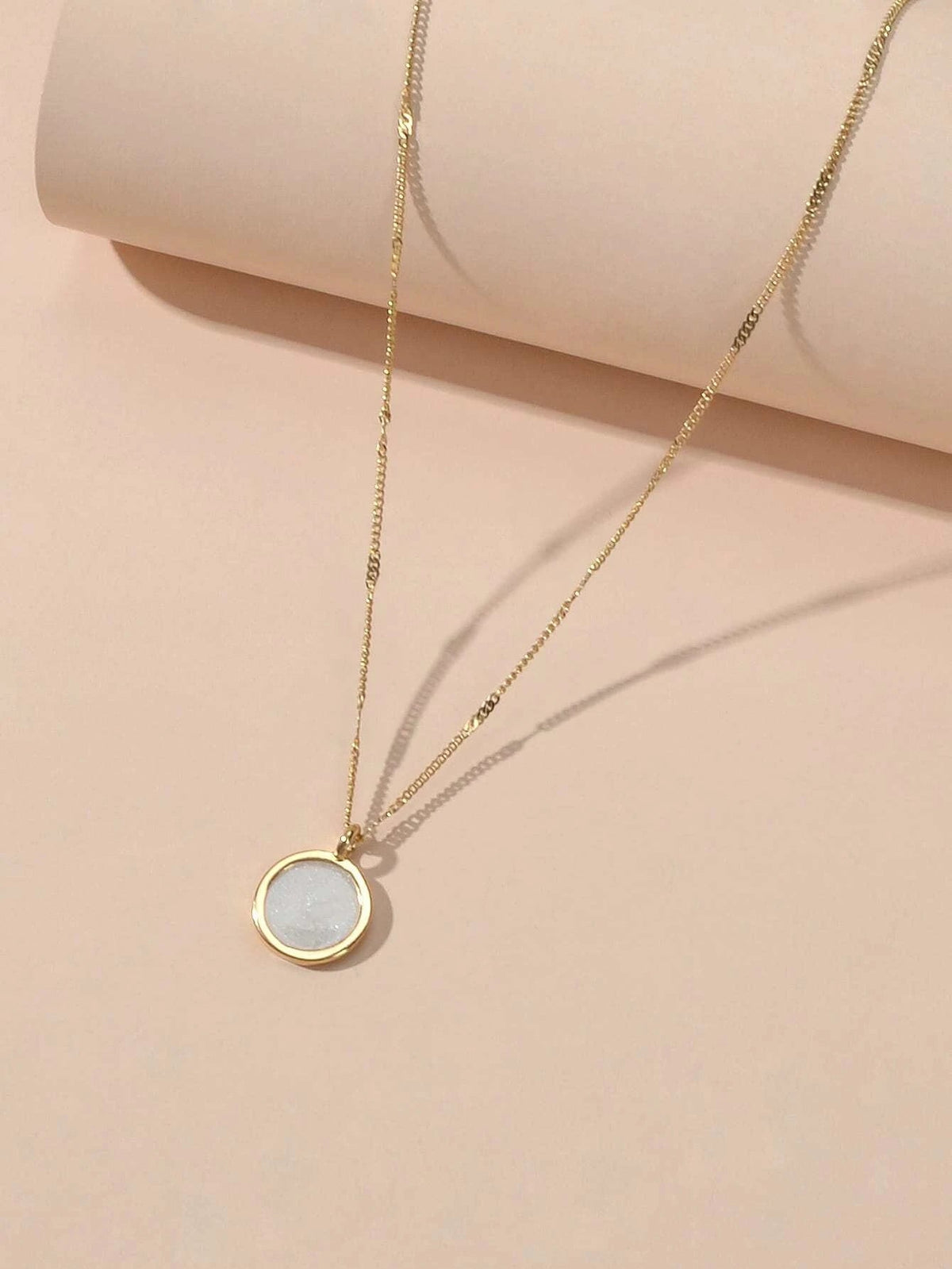 Textured Jewellery Gold Chain White Enamel Round Pendant Necklace Accessories-3
