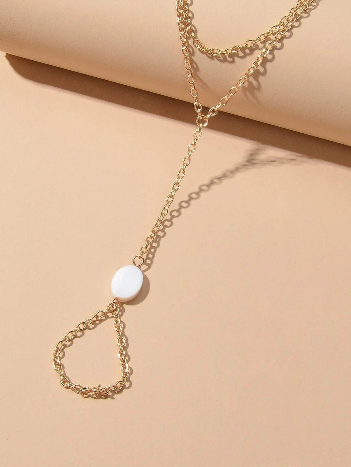 Double Layer Gold Tone Chain Shell Charm Slave Bracelet with Finger Ring Gift-3