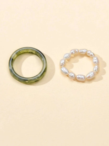 Feelontop 2pcs Pearl Elastic Retro Green Red Acrylic Ring New Women Accessories-3