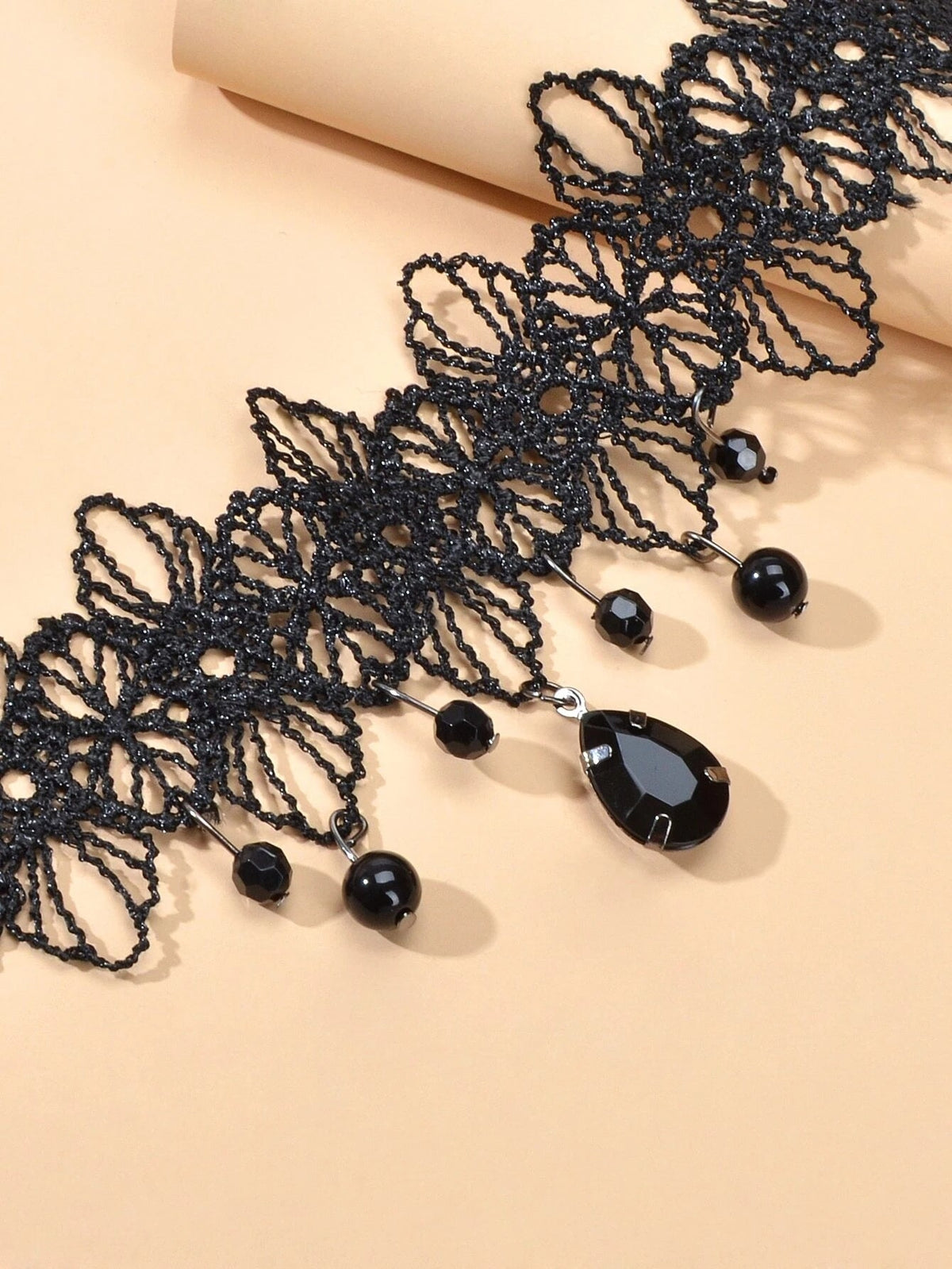 Black Lace Flower Water Drop Gothic 90s Tattoo Choker Necklace Halloween Jewelry-3