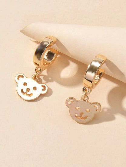 Gold Bear Hoop Drop Earrings Women Cartoon Stud Cute Gift Teens Textured Jewelry-3