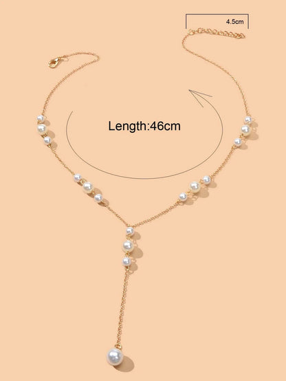 Pearl Decoration Long Gold Chain Y Shape Pendant Clavicle Necklace Teens Collar-3