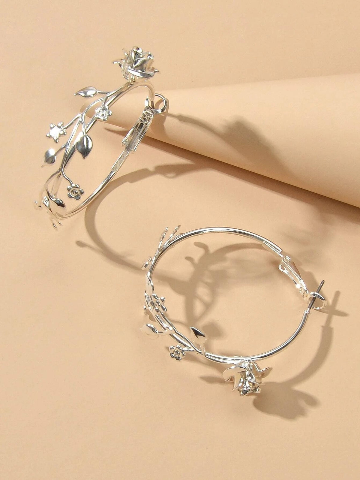 Traditional Silver Leaf Rose Flower Big Dangle Chunky Hoop Statement Earrings-3
