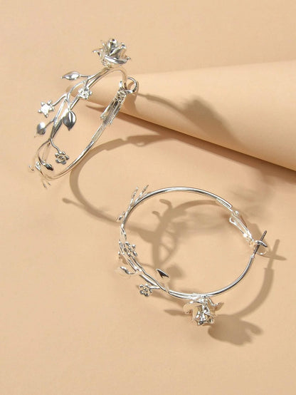 Traditional Silver Leaf Rose Flower Big Dangle Chunky Hoop Statement Earrings-3