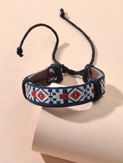 Bohemian Jewellery Handmade Geometric Pattern Leather Adjustable Ethnic Bracelet-3