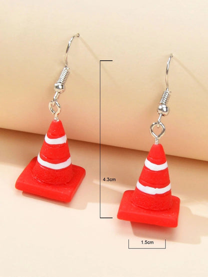 Punk Red Resin Acrylic Traffic Mark Cone Shape Drop Dangle Earrings Funny Gift-3