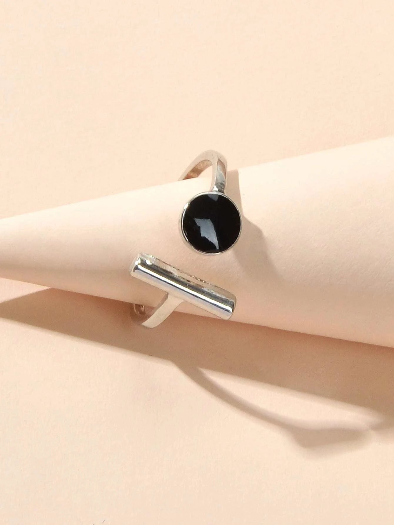 Textured Jewellery Black Enamel Round Bar Silver Open Cuff Finger Women Ring-3
