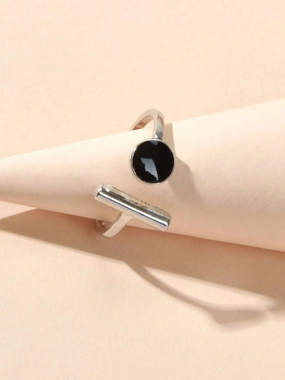 Textured Jewellery Black Enamel Round Bar Silver Open Cuff Finger Women Ring-3