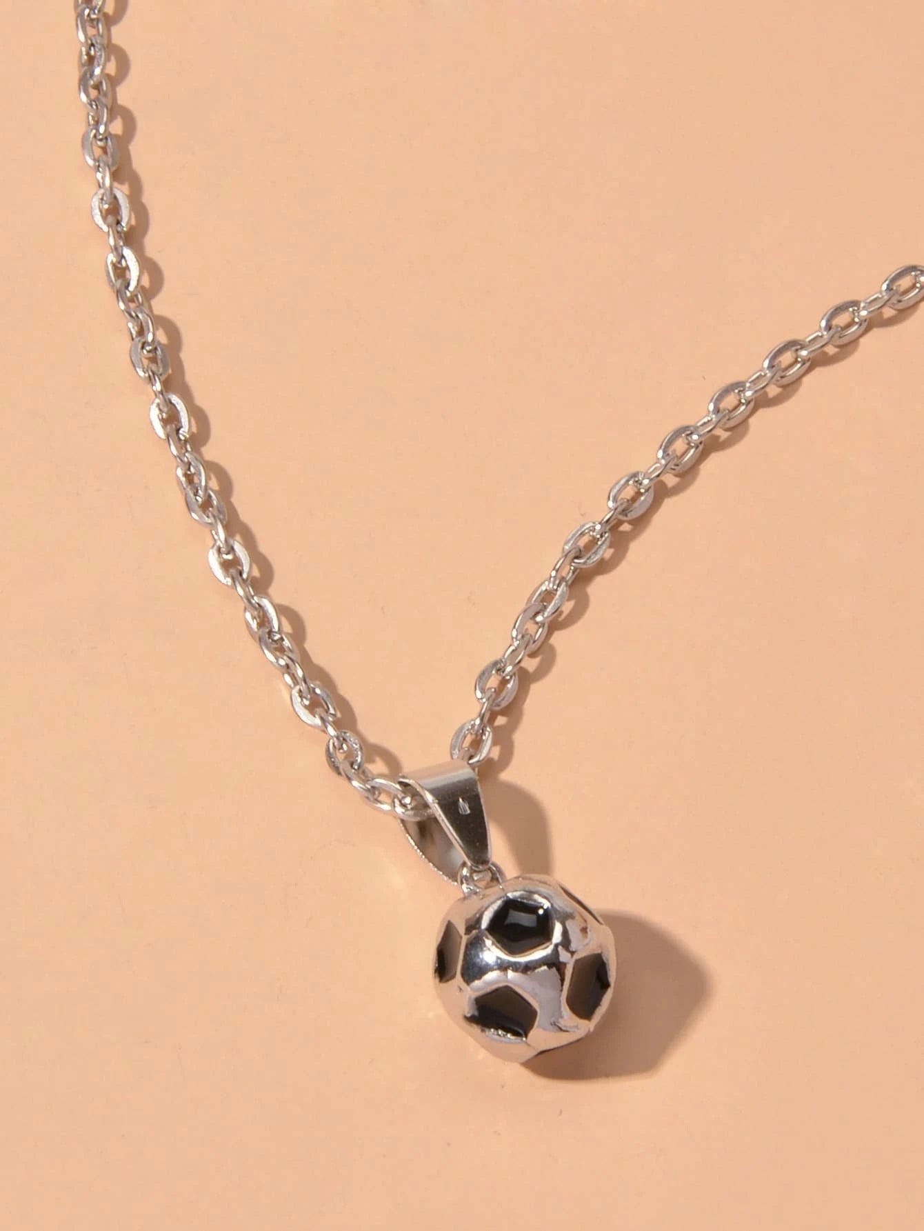 Silver Chain Black Enamel Football Pendant Necklace Soccer Ball Charm Collar-1
