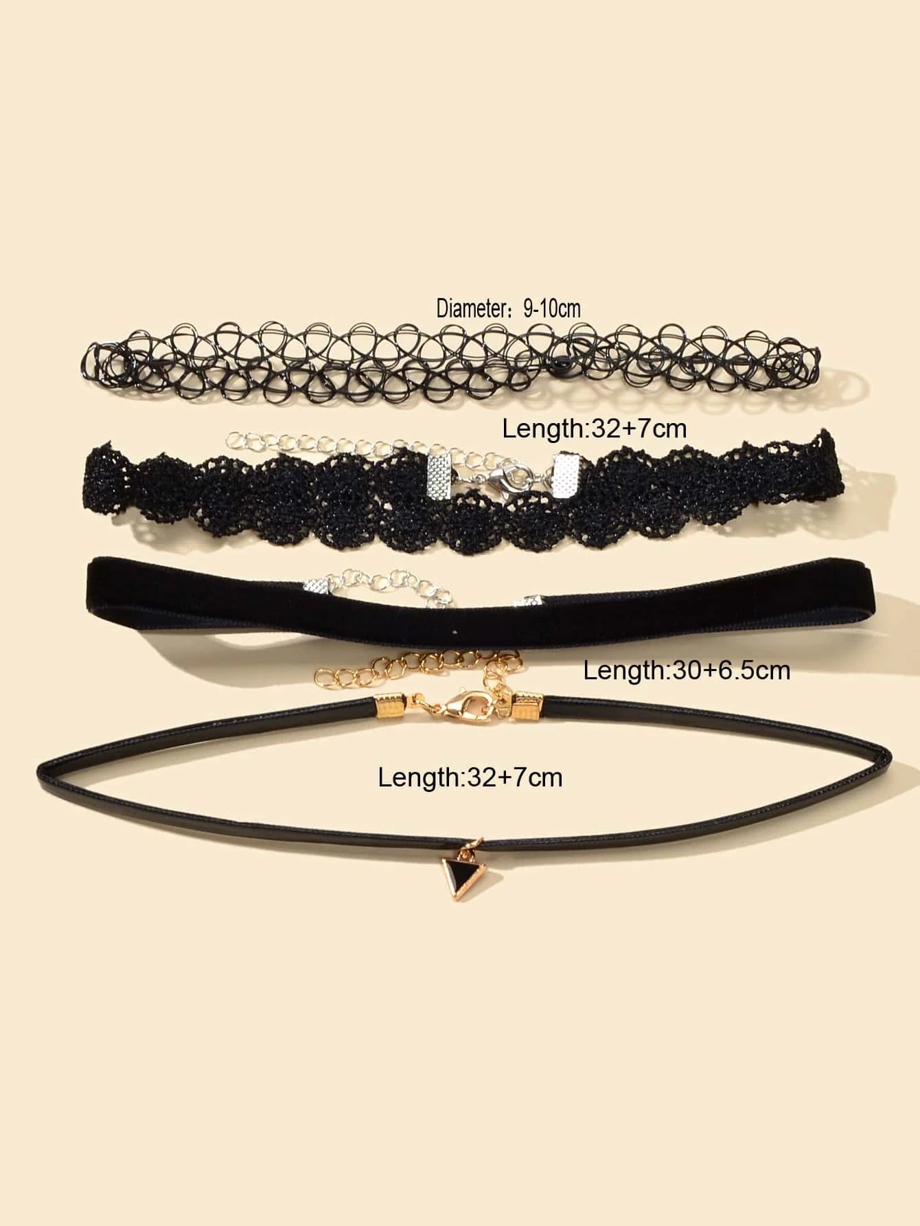 4 pcs Black Lace Pu Leather Geometric Gothic 90s Tattoo Velvet Choker Necklace-4