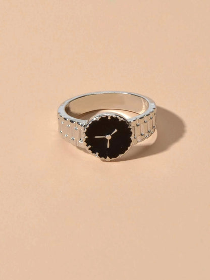 Black Enamel Watch Design Silver Fashion Women Cute Finger Ring Wholesale Price-3