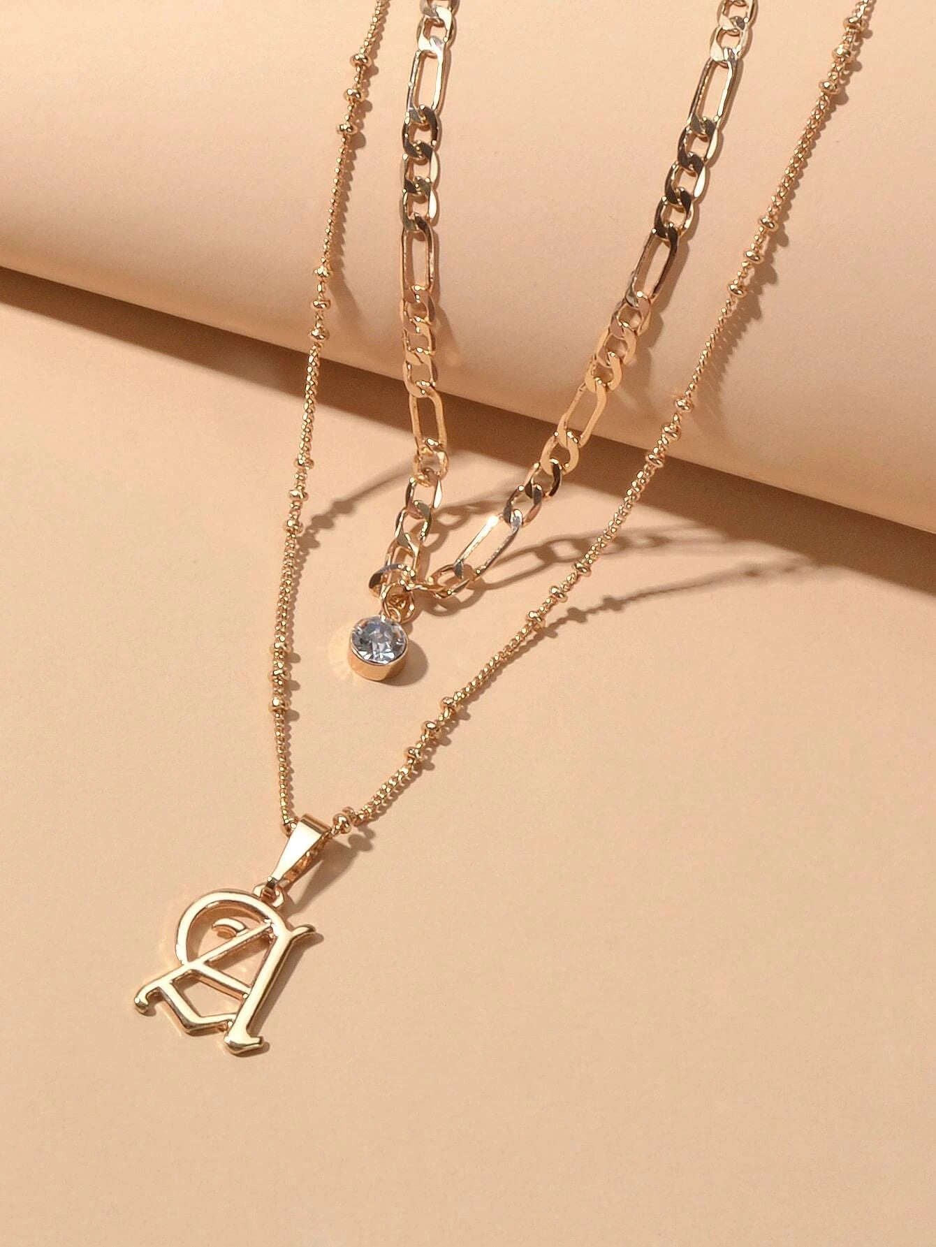 2 pcs Gold Chain Rhinestone Letter A Pendant Double Layer Necklace Women Jewelry-3
