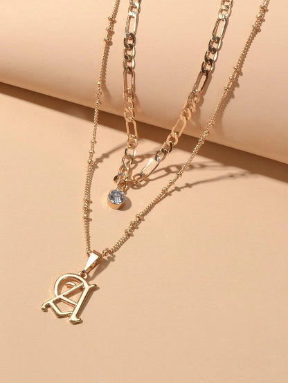 2 pcs Gold Chain Rhinestone Letter A Pendant Double Layer Necklace Women Jewelry-3