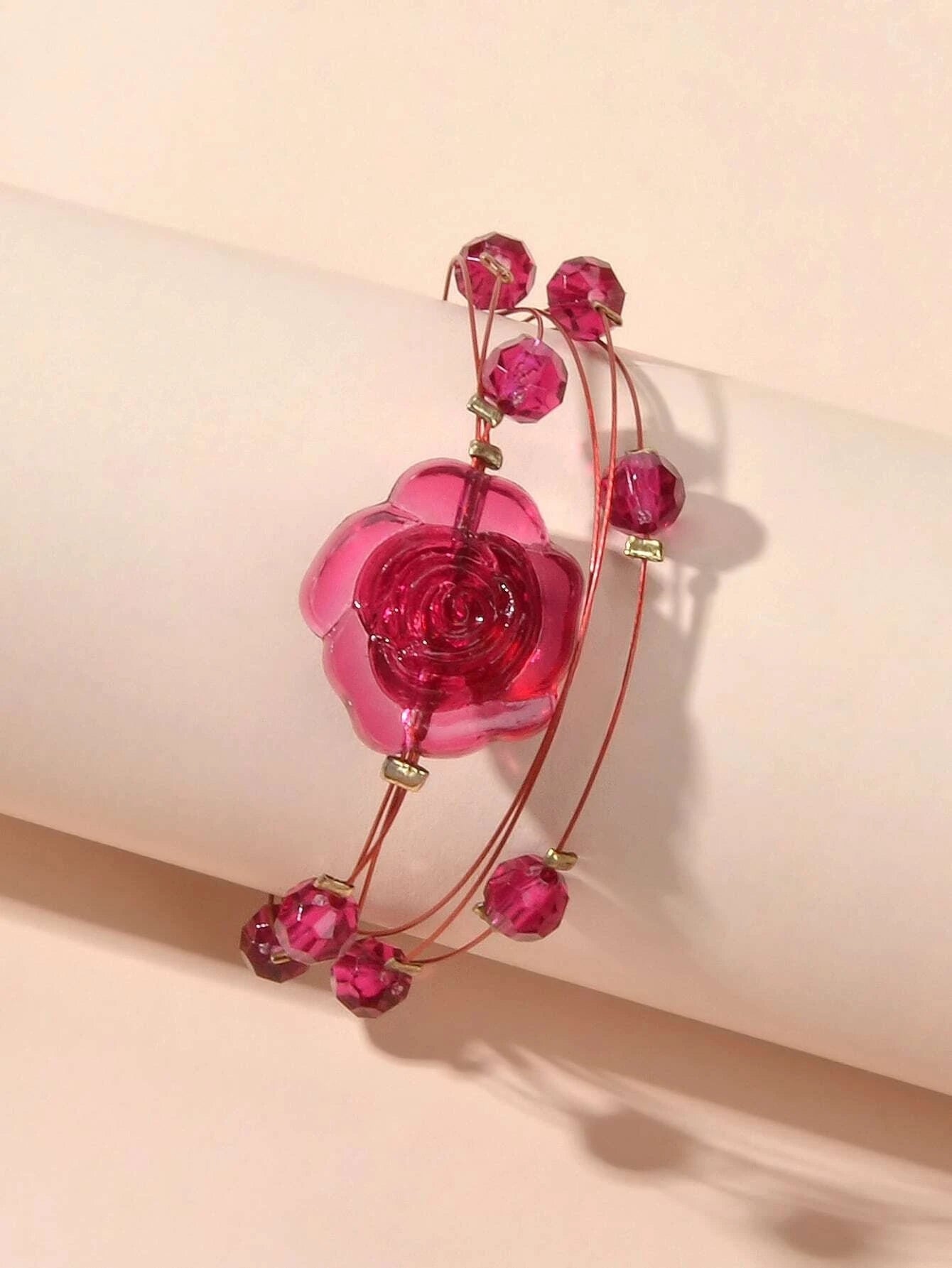 Fashion Jewellery Multi-layer Beads Chain Resin Red Rose Flower Women Bracelet-3