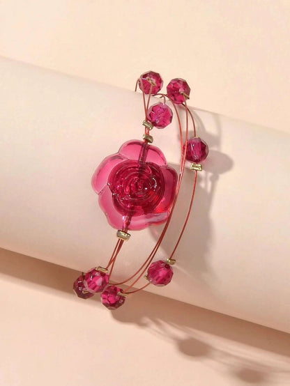 Fashion Jewellery Multi-layer Beads Chain Resin Red Rose Flower Women Bracelet-3