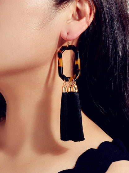 Bohemian Jewellery Leopard Acrylic Black Tassel Dangle Earring Ethnic Accessory-3