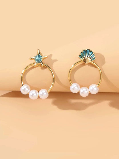 Fashion Jewellery Gold Circle Starfish Shell Asymmetric Stud Earrings Accessory-3