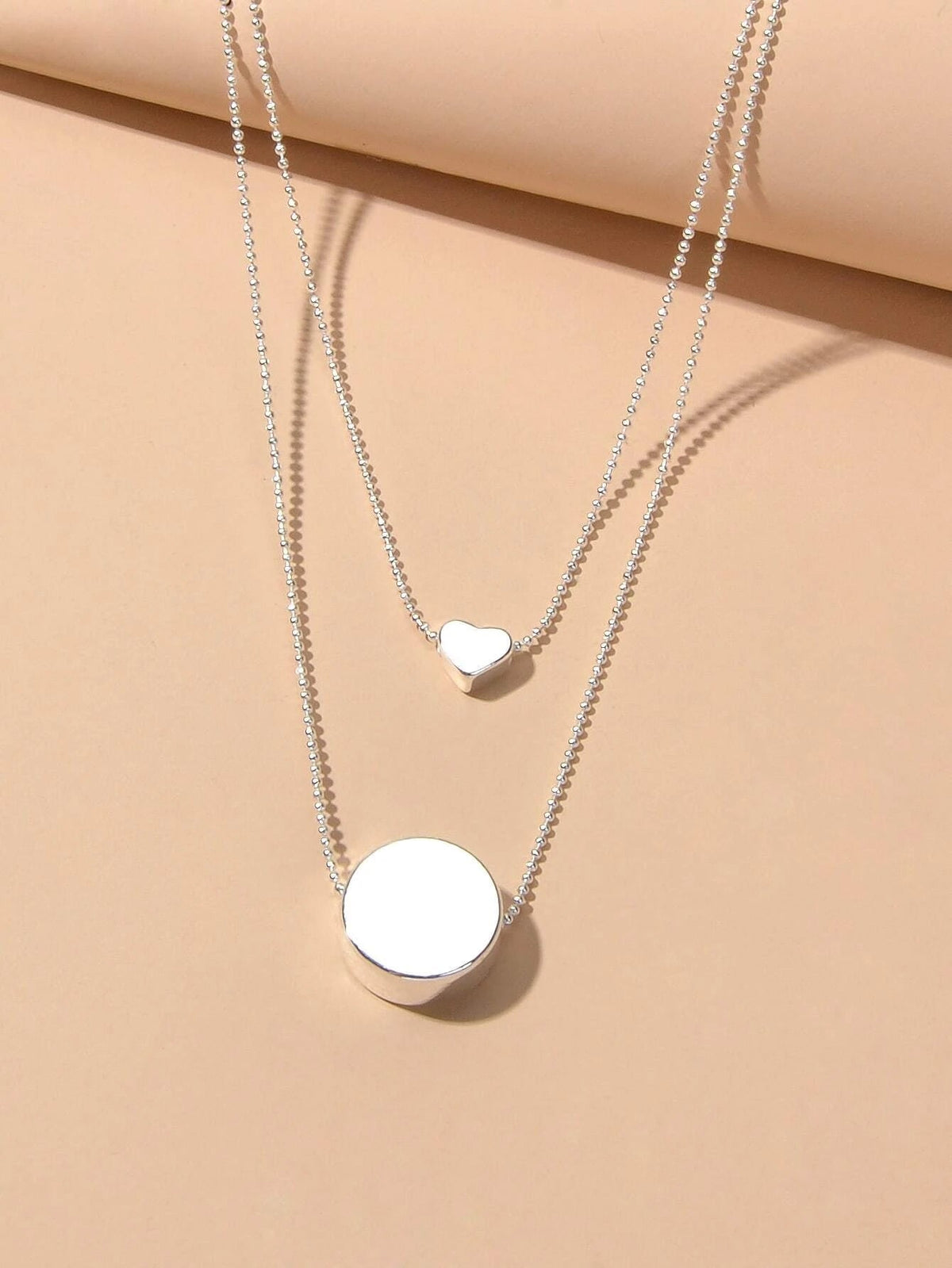 2 pcs Popular Jewellery Silver Chain Love Heart Round Charm Necklace Accessories-3