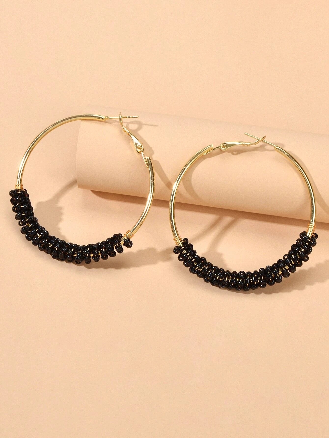 Bohemian Jewellery Handmade Black Beads Big Hoop Earrings Ethnic Women Accessory-3