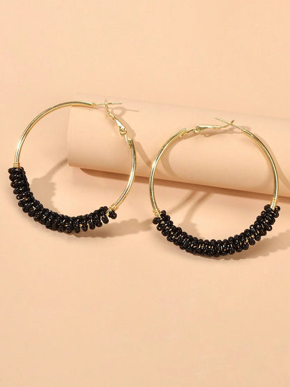 Bohemian Jewellery Handmade Black Beads Big Hoop Earrings Ethnic Women Accessory-3