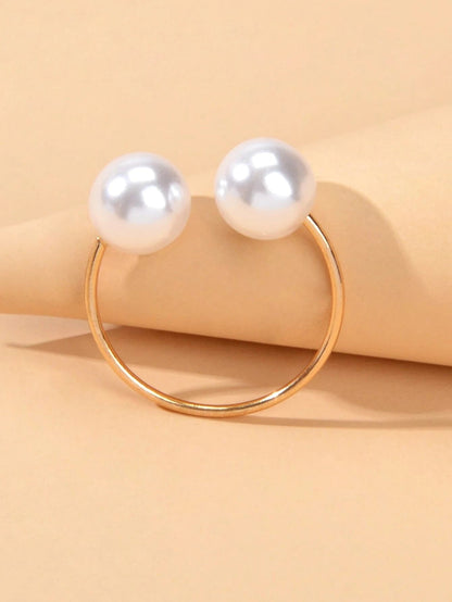 Fashion Gold Metal Big Pearl Open Cuff Finger Ring Weddding Bridal Accessories-3