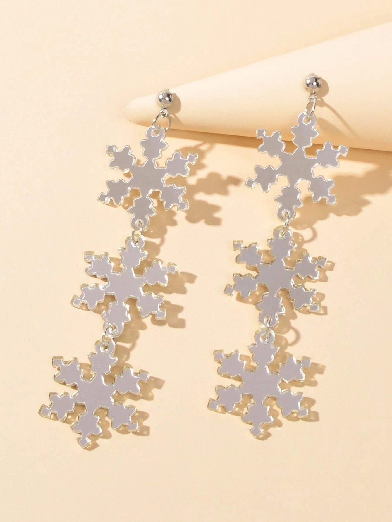 Christmas Jewellery Silver Long Resin Acrylic Snowflake Big Dangle Stud Earrings-3