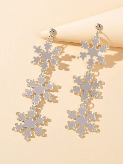 Christmas Jewellery Silver Long Resin Acrylic Snowflake Big Dangle Stud Earrings-3