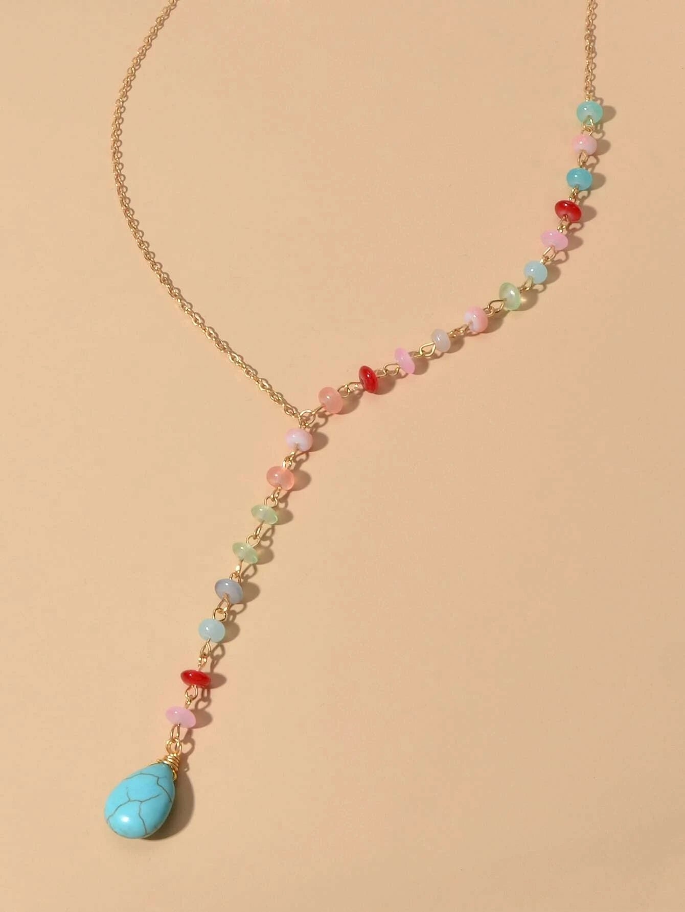 Boho Chic Handmade Colorful Beads Turquoise Water Drop Pendant Necklace Collar-4