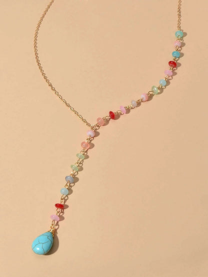 Boho Chic Handmade Colorful Beads Turquoise Water Drop Pendant Necklace Collar-4