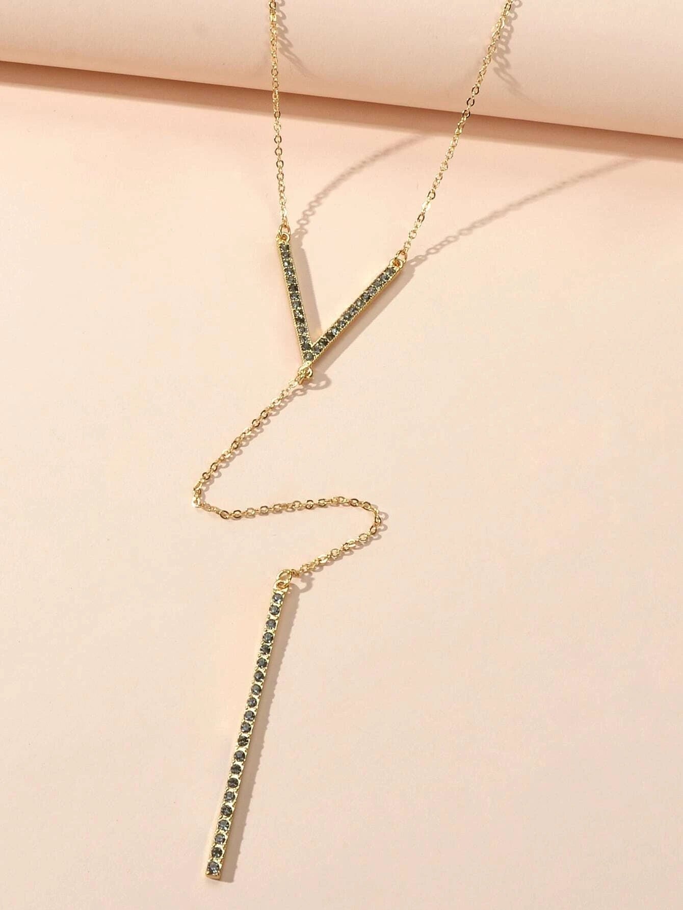 Rhinestone Long Y Chain Bar Pendant V Shape Necklace Drop Bar Fringe Jewellery-3