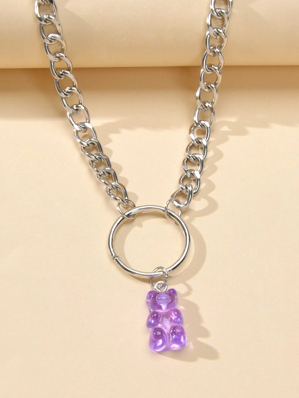 Lovely Jewellery Silver Chain Circle Purple Bear Pendant Necklace Accessories-3
